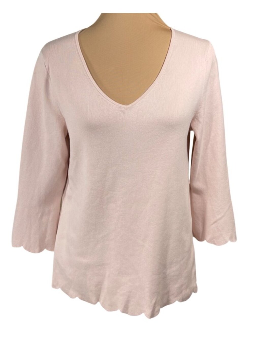 Talbots Cotton Modal Sweater Size L Large Baby Pink Scallop V-Neck